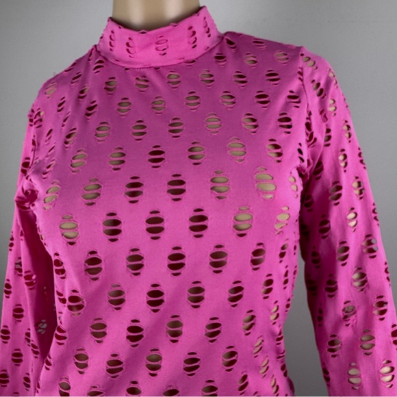POSH by V Perforated High-Neck Pink Long Sleeve‎ Stretch-jersey Top - Picture 2 of 13